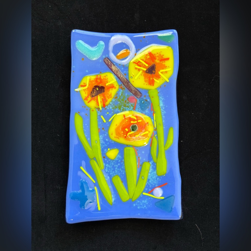 Poppies On Periwinkle Original Fused Art Glass  Handmade 9.5”x5.Rectangular Tray